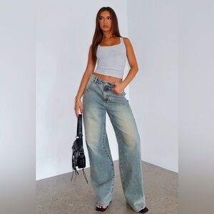 White Fox jeans S small wide leg blue denim wash frayed bottom pants